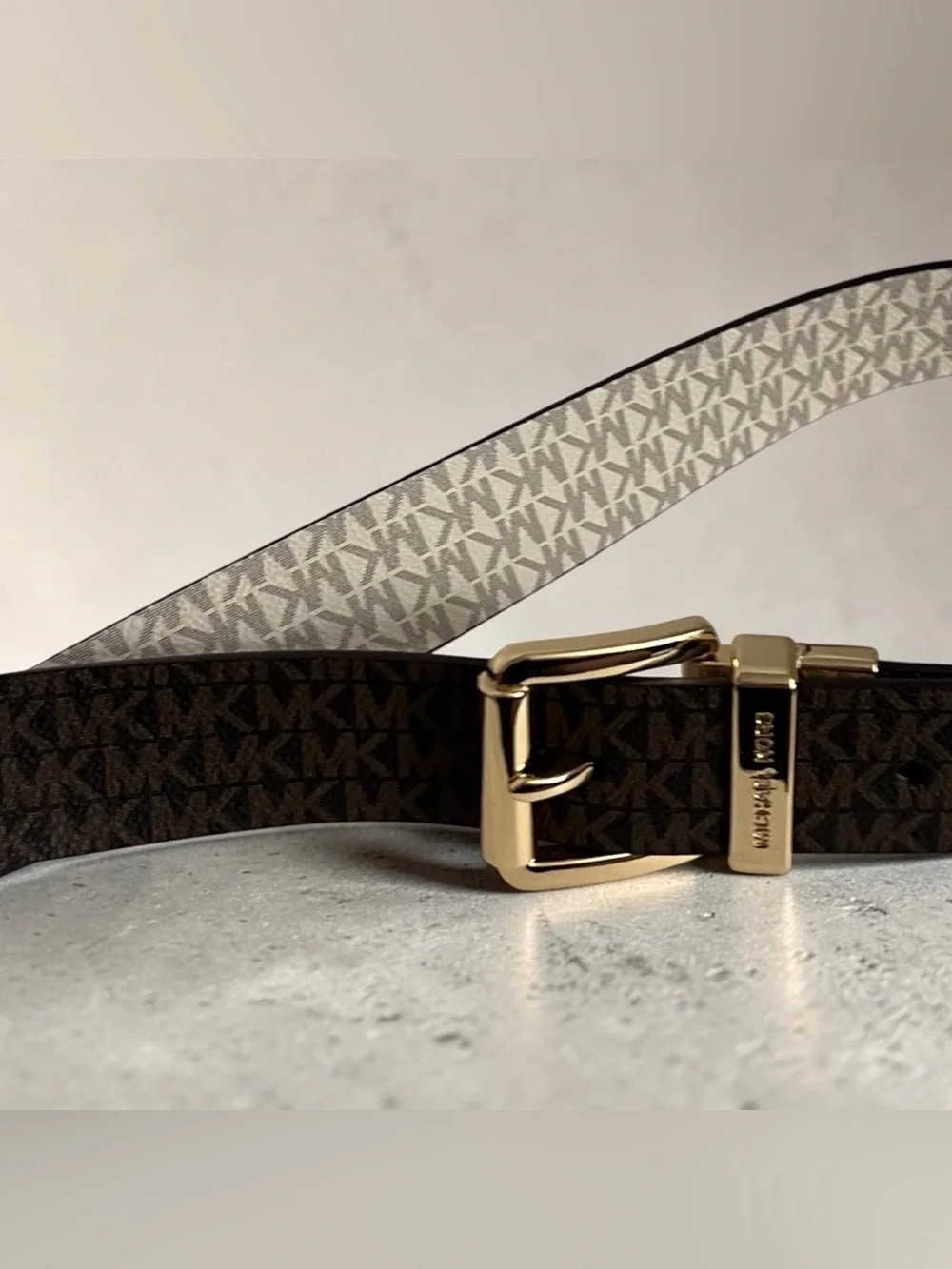 Michael Kors Reversible Logo Belt in Brown and Beige with Gold Buckle